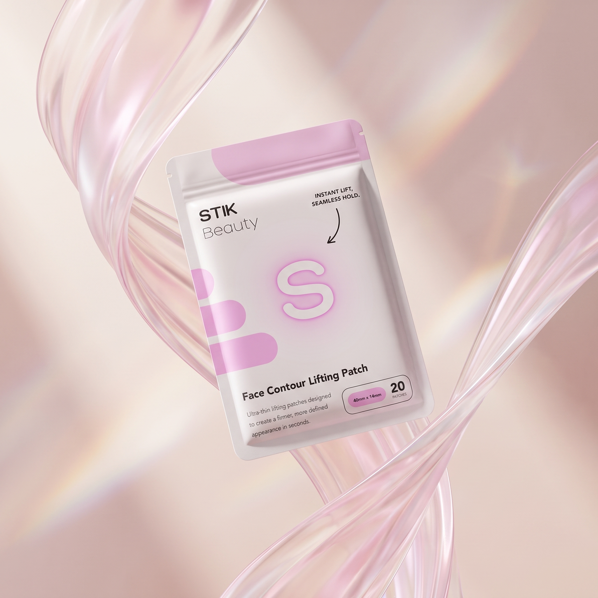 STIK Beauty Face Contour Lifting Patch pouch on a pink ribbon backdrop