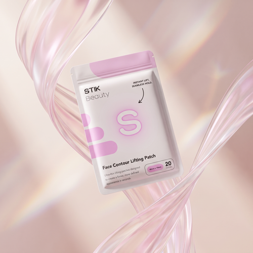 STIK Beauty Face Contour Lifting Patch pouch on a pink ribbon backdrop