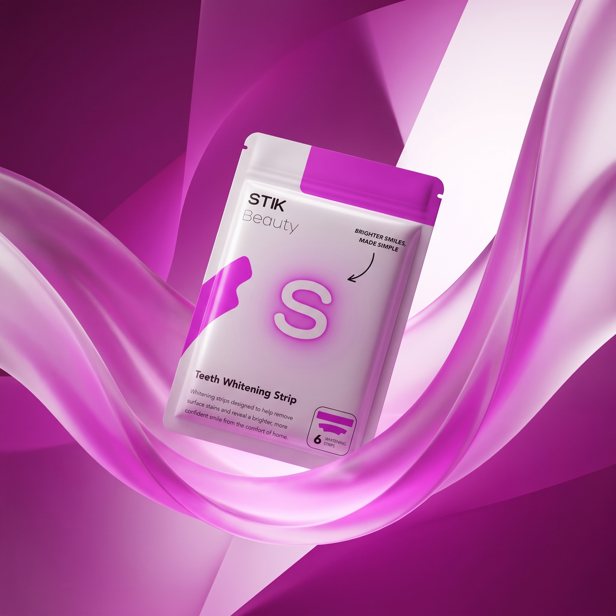 STIK Beauty Teeth Whitening Strip pouch on a magenta wave backdrop