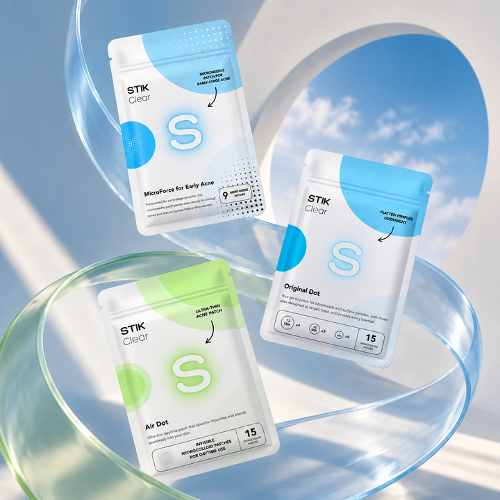 STIK Acne Rescue Kit, three pouches, 3D packaging render