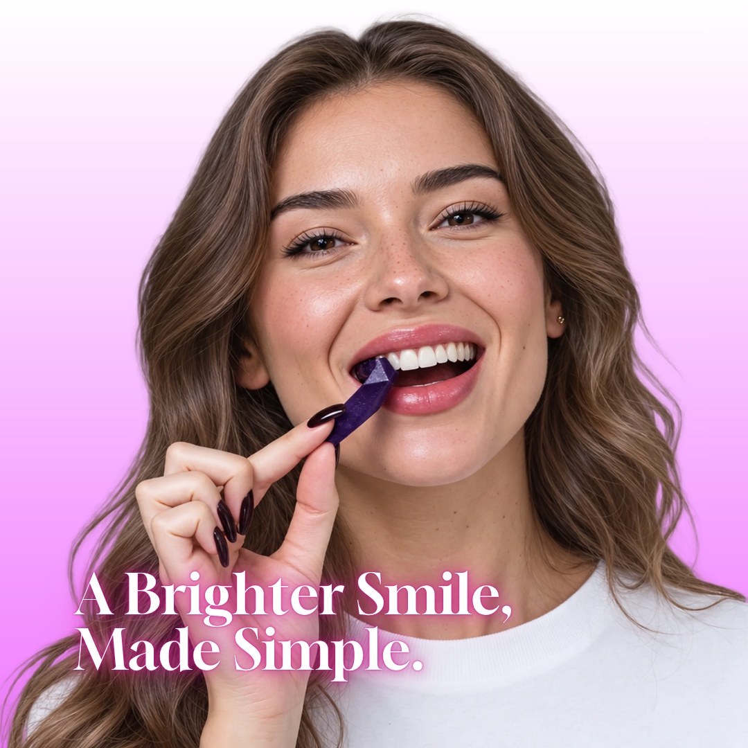 Model applying a purple STIK whitening strip
