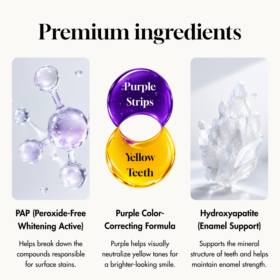 Premium ingredients: PAP, purple colour-correcting formula, hydroxyapatite
